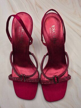 Vintage Escada Fuchsia Satin Rhinestone Slingback Heels Made in Italy US 6.5